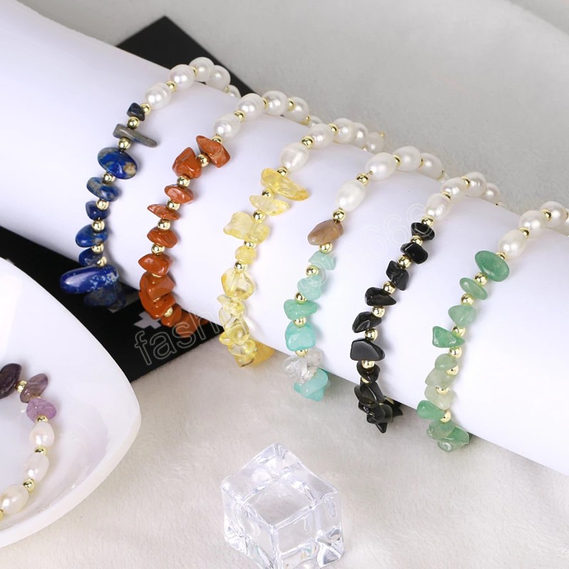 Natural Chip Crystal Stone Bracelet for Women Trendy Freshwater Pearl Elegant Bracelets Gold Color Chain Jewelry Gift