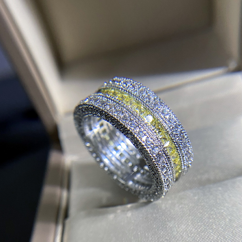 Hip Hop Wedding Rings Jewelry Princess Cut Yellow Topaz CZ Dia Sterg Sier Handmade Party Eternity Women Engagement Band Ring For Lover Gift