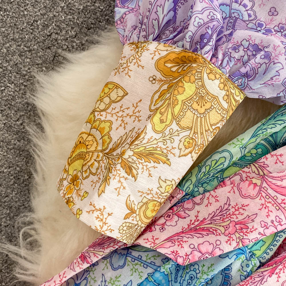 Women Dress Spring Stand Collar Puff Long Sleeve Vintage Print Floral Fashion Vestidos Tie Dye Long Party dress