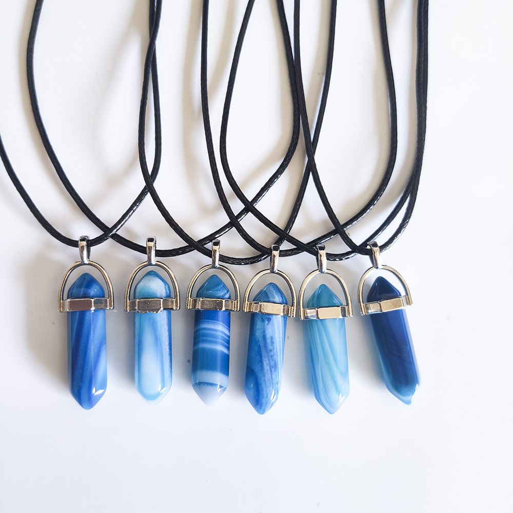 Natural Stone Stripe Agate Hexagonal Prism Shape Pendant necklaces Reiki Healing Charms pu chain Necklace For Women Jewelry