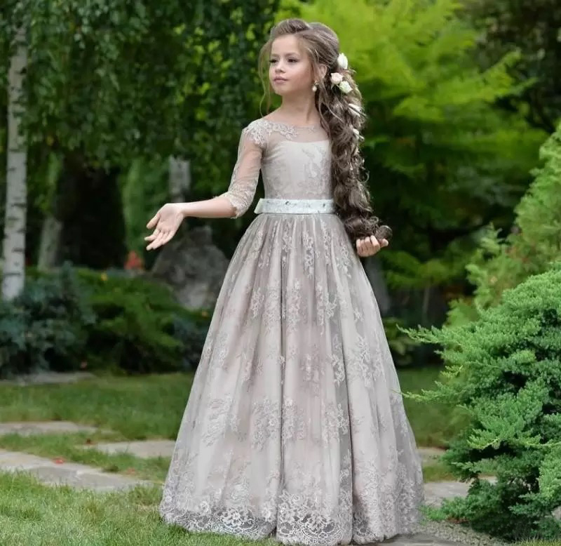 Princess Girls Dresses Teenager Wedding Lace Appliques Ball Gowns Tulle Long Sleeves Flower Girl Dress For Sales 0509