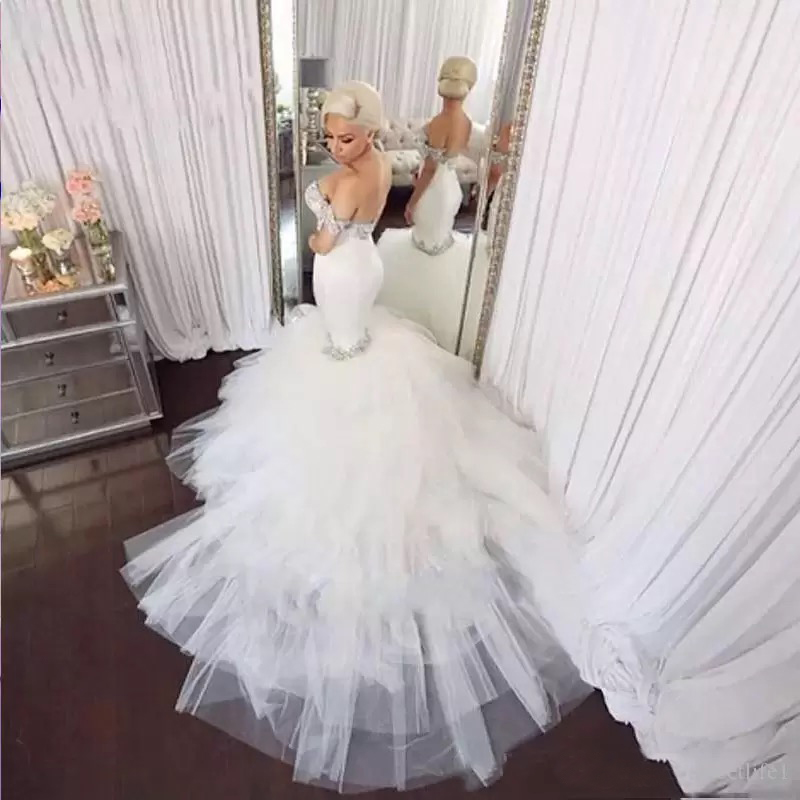 Luxury Mermaid Crystal Long Wedding Dresses Off Shoulder Bridal Gown Rhinestones Plus Size White Sexy Bride Party Wear Backless