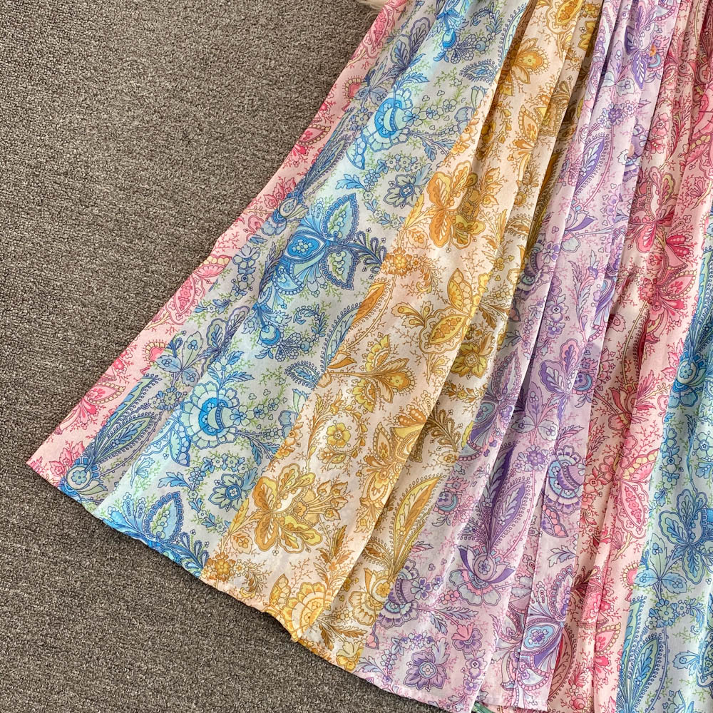 Women Dress Spring Stand Collar Puff Long Sleeve Vintage Print Floral Fashion Vestidos Tie Dye Long Party dress