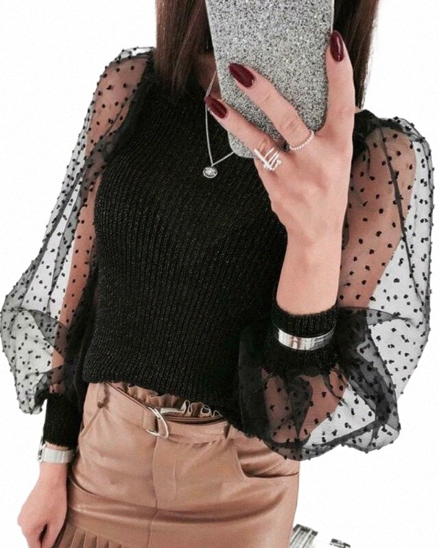 Women's Blouses & Shirts women See-through Sheer Mesh Blouse Ladies Puff Long Sleeve Shirt Top Knitted Spring Autumn Clothes S-XL Women's