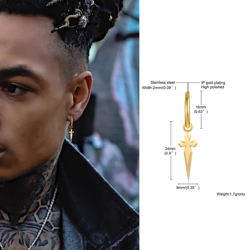 Men Hie Hoops Earring Minimal Sword Cross Dangles Earrings Stainless Steel Men's
