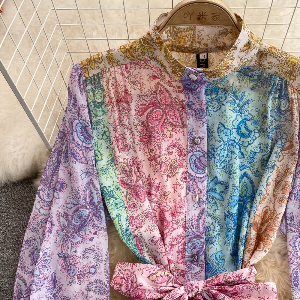 Women Dress Spring Stand Collar Puff Long Sleeve Vintage Print Floral Fashion Vestidos Tie Dye Long Party dress