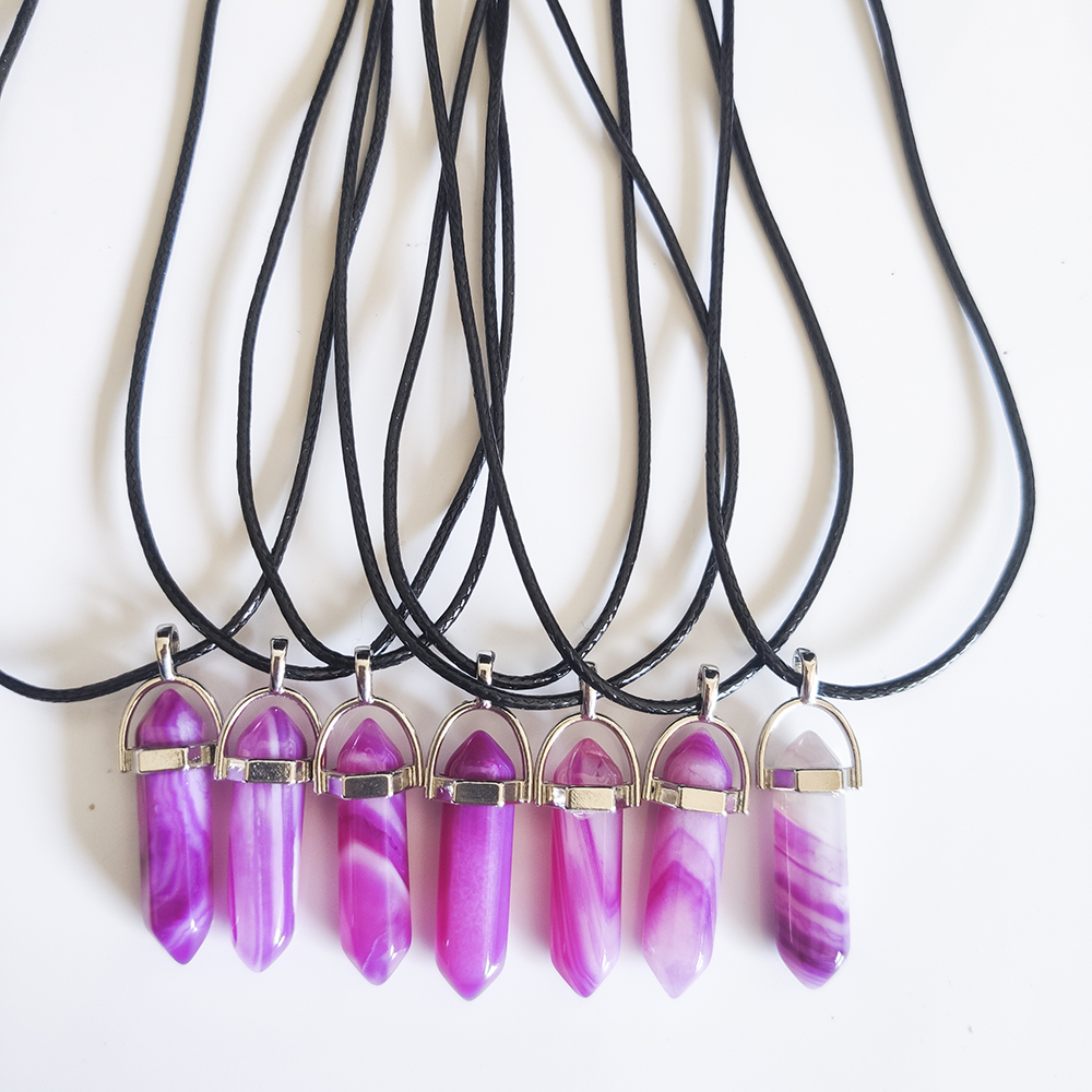 Natural Stone Stripe Agate Hexagonal Prism Shape Pendant necklaces Reiki Healing Charms pu chain Necklace For Women Jewelry