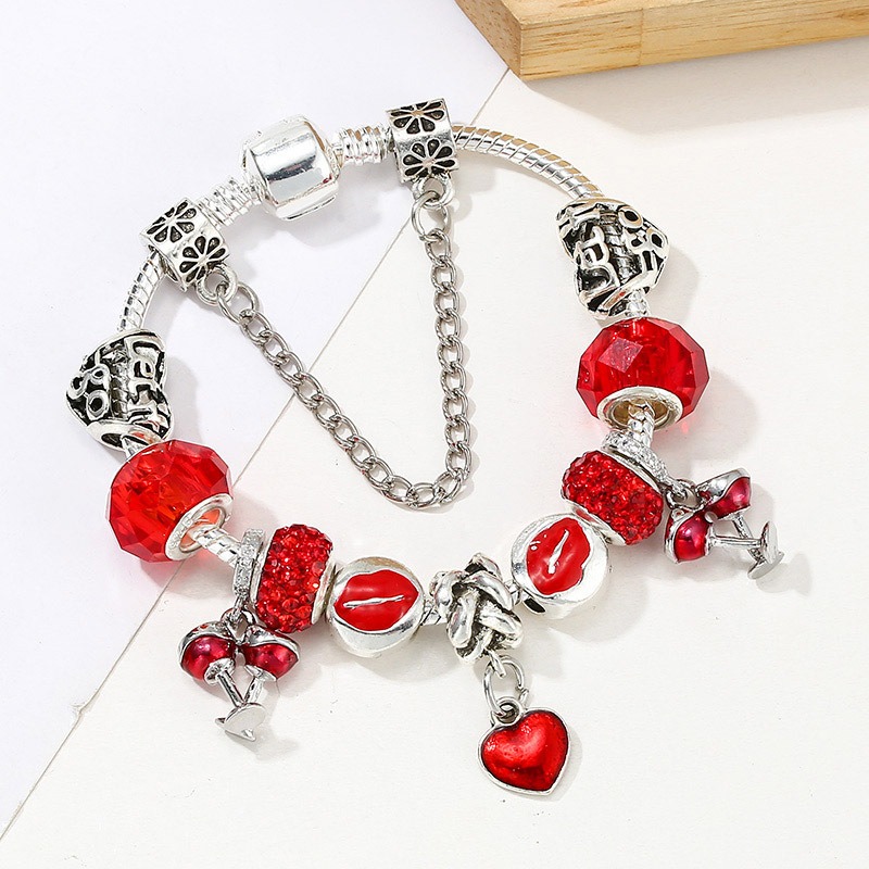 2022 New Charm Bracelet Christmas Wine Glass Pendant Red Heart Enamel European Charm Beads Murano Glass Beads Bangle Fits Charm Bracelets