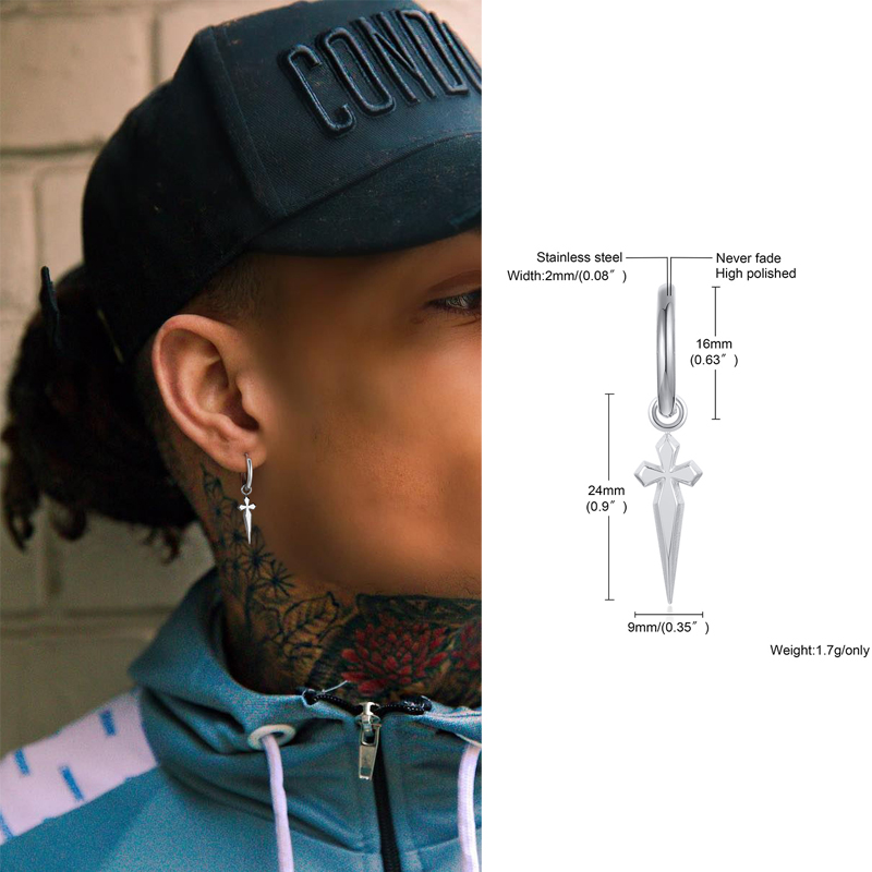 Men Hie Hoops Earring Minimal Sword Cross Dangles Earrings Stainless Steel Men's
