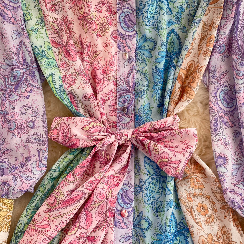 Women Dress Spring Stand Collar Puff Long Sleeve Vintage Print Floral Fashion Vestidos Tie Dye Long Party dress