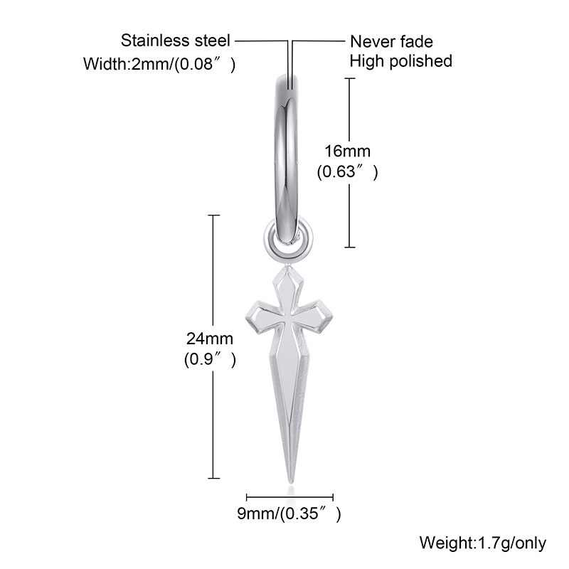 Men Hie Hoops Earring Minimal Sword Cross Dangles Earrings Stainless Steel Men's