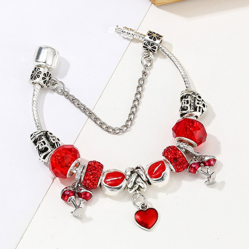 2022 New Charm Bracelet Christmas Wine Glass Pendant Red Heart Enamel European Charm Beads Murano Glass Beads Bangle Fits Charm Bracelets