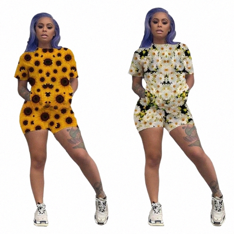 Women's Tracksuits summer Fashion Small Chrysanthemum Print Ladies Round Neck Turtleneck Short Sleeve T-shirt Shorts Sports Home Two Sets Women