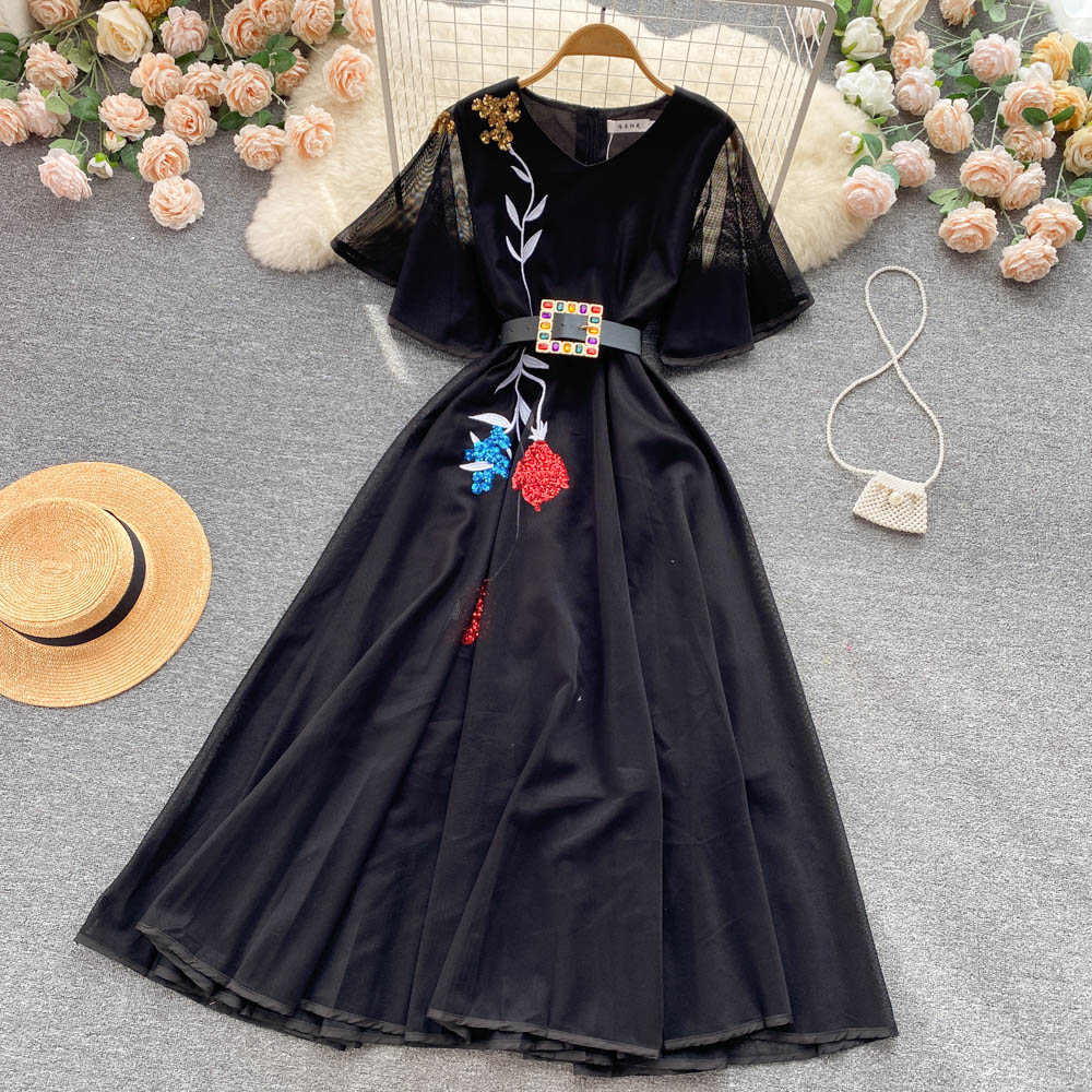 New Casual Dresses Summer Floral Print Slim Short Lady Dress A Line V Neck Chiffon Pullover Mid-Calf High Waist Women Dresses 2023