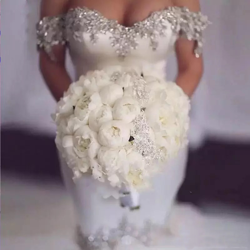 Luxury Mermaid Crystal Long Wedding Dresses Off Shoulder Bridal Gown Rhinestones Plus Size White Sexy Bride Party Wear Backless