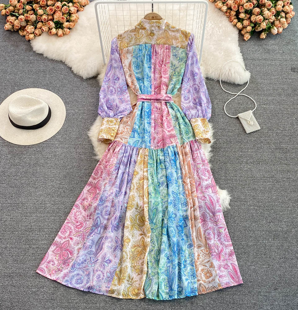 Women Dress Spring Stand Collar Puff Long Sleeve Vintage Print Floral Fashion Vestidos Tie Dye Long Party dress