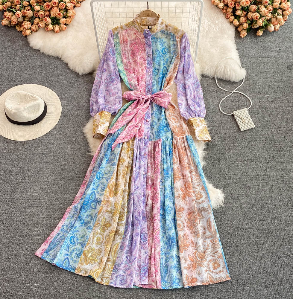 Women Dress Spring Stand Collar Puff Long Sleeve Vintage Print Floral Fashion Vestidos Tie Dye Long Party dress