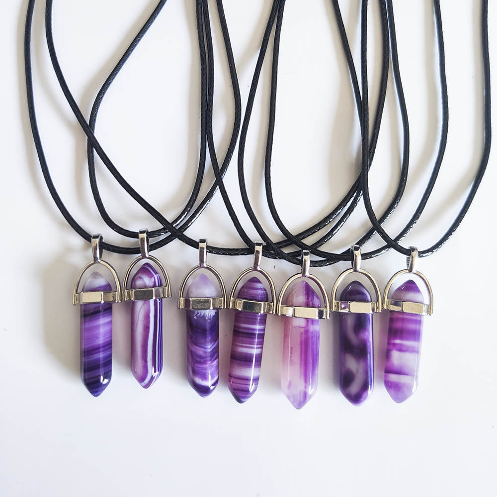 Natural Stone Stripe Agate Hexagonal Prism Shape Pendant necklaces Reiki Healing Charms pu chain Necklace For Women Jewelry