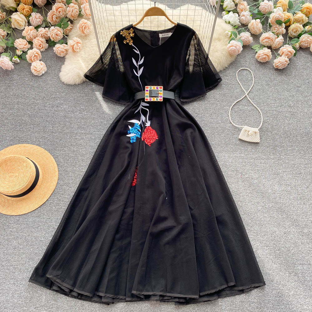 New Casual Dresses Summer Floral Print Slim Short Lady Dress A Line V Neck Chiffon Pullover Mid-Calf High Waist Women Dresses 2023