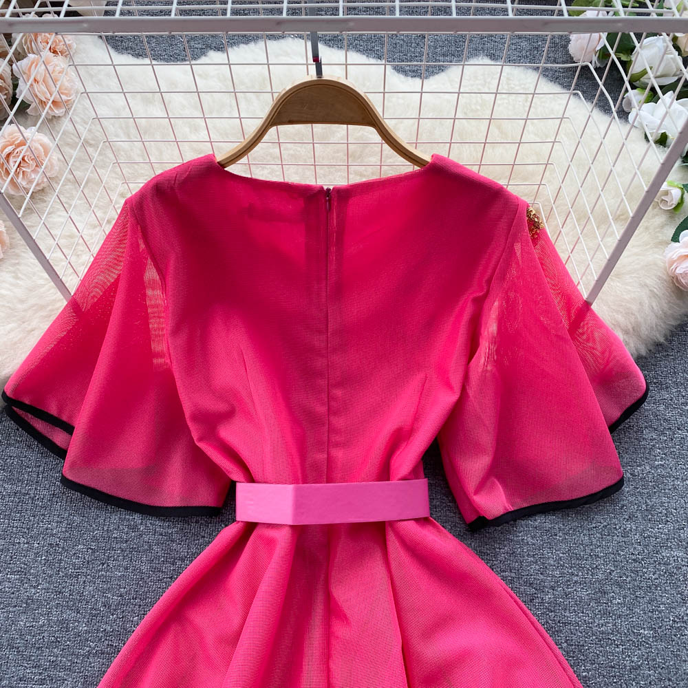 New Casual Dresses Summer Floral Print Slim Short Lady Dress A Line V Neck Chiffon Pullover Mid-Calf High Waist Women Dresses 2023