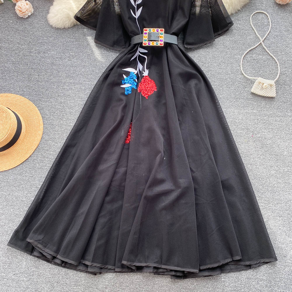 New Casual Dresses Summer Floral Print Slim Short Lady Dress A Line V Neck Chiffon Pullover Mid-Calf High Waist Women Dresses 2023