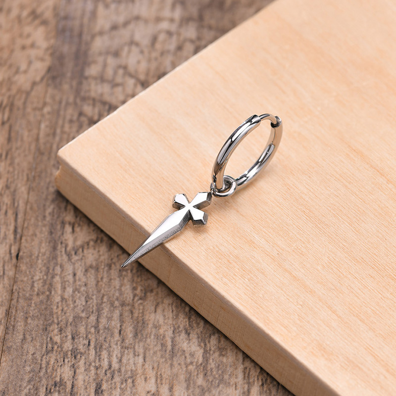 Men Hie Hoops Earring Minimal Sword Cross Dangles Earrings Stainless Steel Men's