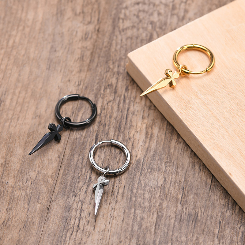 Men Hie Hoops Earring Minimal Sword Cross Dangles Earrings Stainless Steel Men's