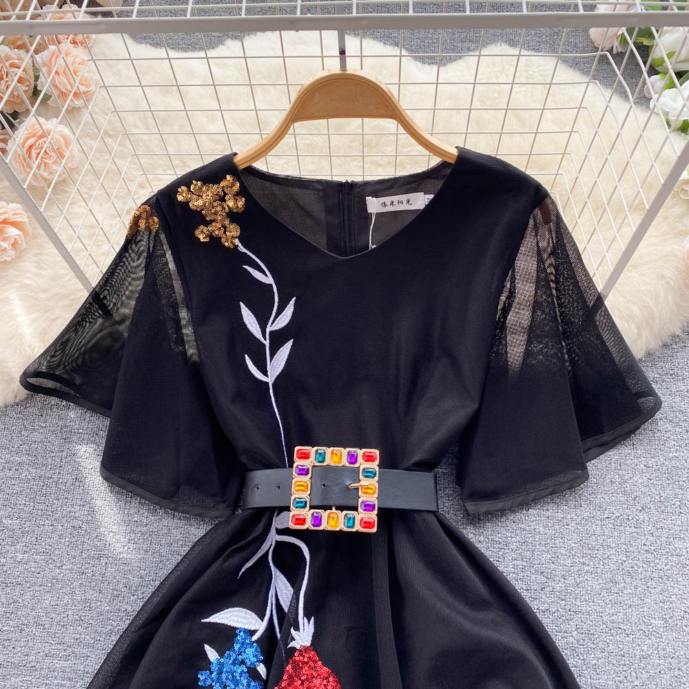 New Casual Dresses Summer Floral Print Slim Short Lady Dress A Line V Neck Chiffon Pullover Mid-Calf High Waist Women Dresses 2023