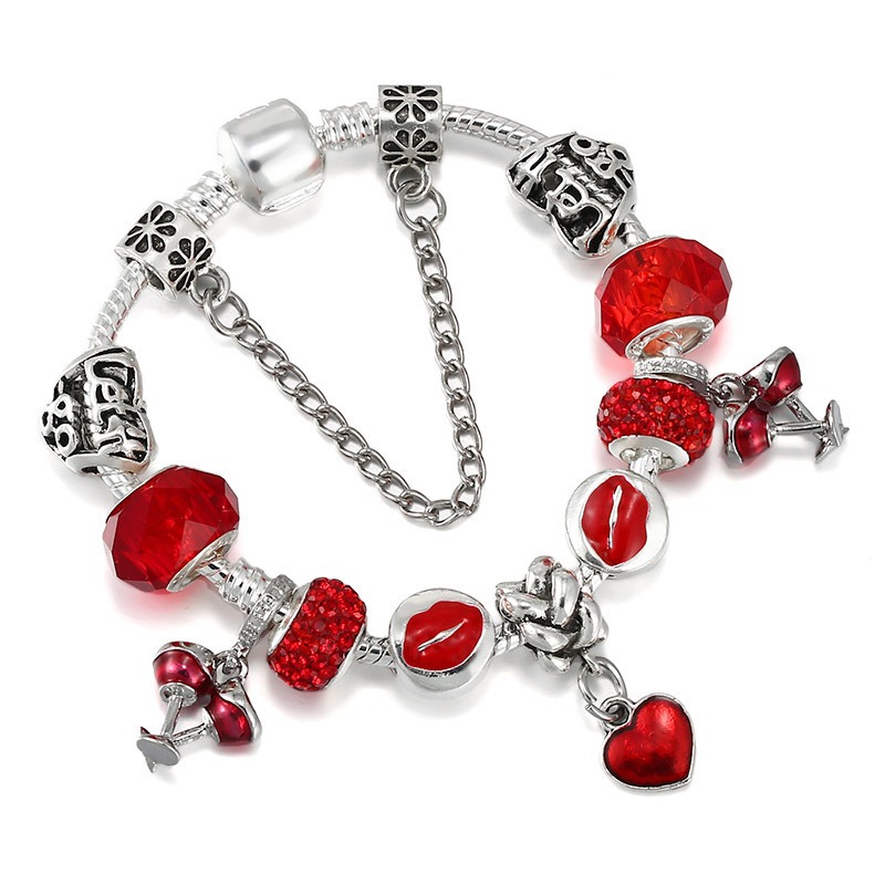 2022 New Charm Bracelet Christmas Wine Glass Pendant Red Heart Enamel European Charm Beads Murano Glass Beads Bangle Fits Charm Bracelets