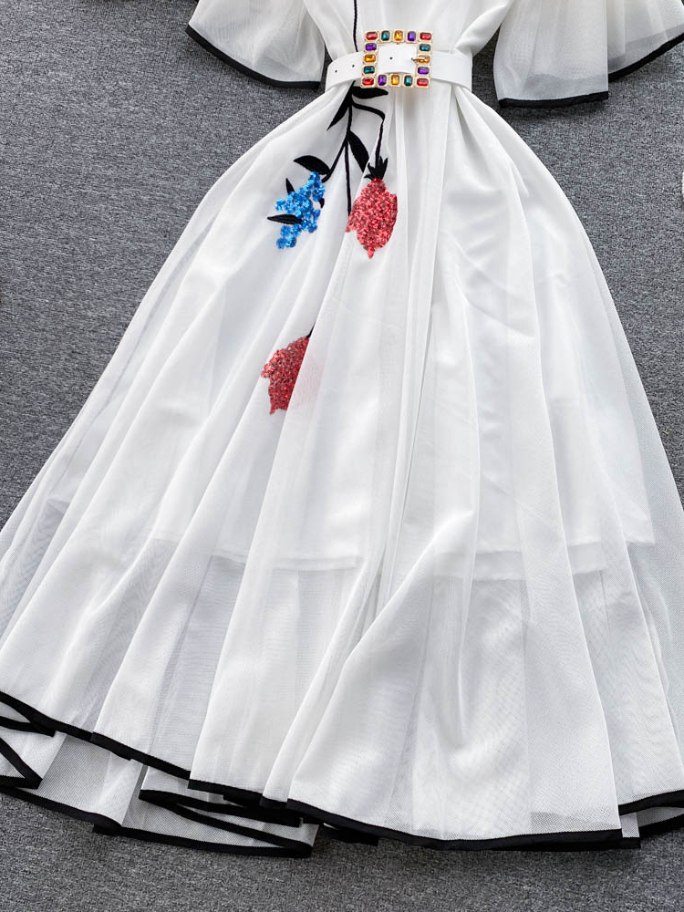 New Casual Dresses Summer Floral Print Slim Short Lady Dress A Line V Neck Chiffon Pullover Mid-Calf High Waist Women Dresses 2023