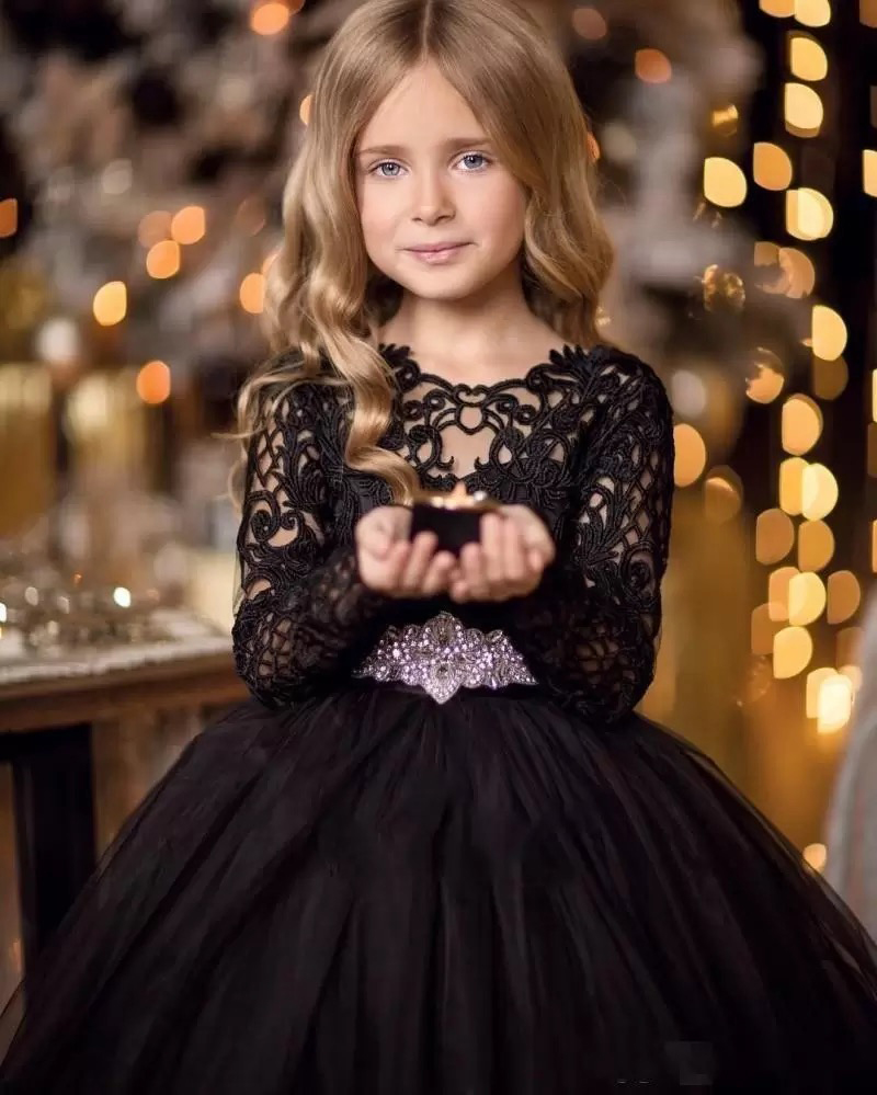 New Cheap Black Ball Gown Girls Pageant Dresses Lace Long Sleeves Crystal Belt Bow Princess Tulle Puffy Kids Flower Girls Birthday Gowns