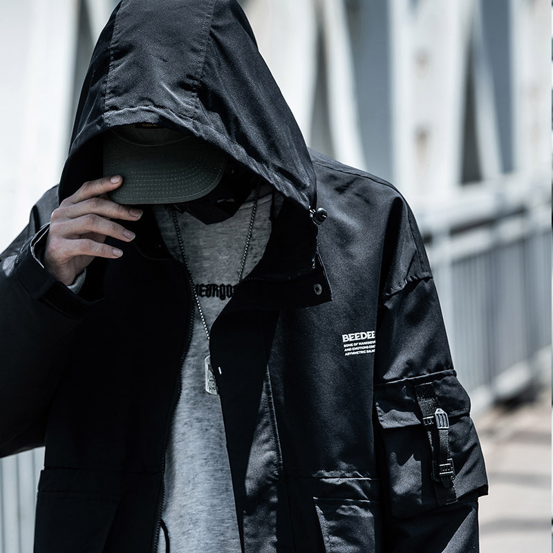 Men's Jackets HOUZHOU Techwear Black Cargo Jacket Men Safari Style Hoodies Men's Coat Hooded Zip-up Hoodie Korean Streetwear Hip Hop Autumn 