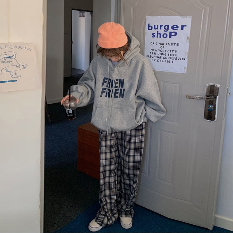 Women s Hoodies Sweatshirts Korean Fashion Grey Loose Fleece Pullover Vintage Pocket Letter Printing Sweatshirt Lazy Casual Raglan Sleeves Hoodie Autu