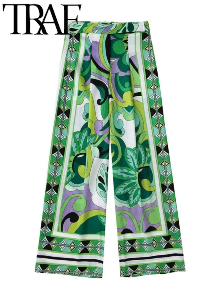 Women's Two Piece Pants TRAF Suit Summer Set Women 2 Piece Beach Trouser Printed Long Sleeve Green Blouse Straight Pants Tall Satin Casual 220912