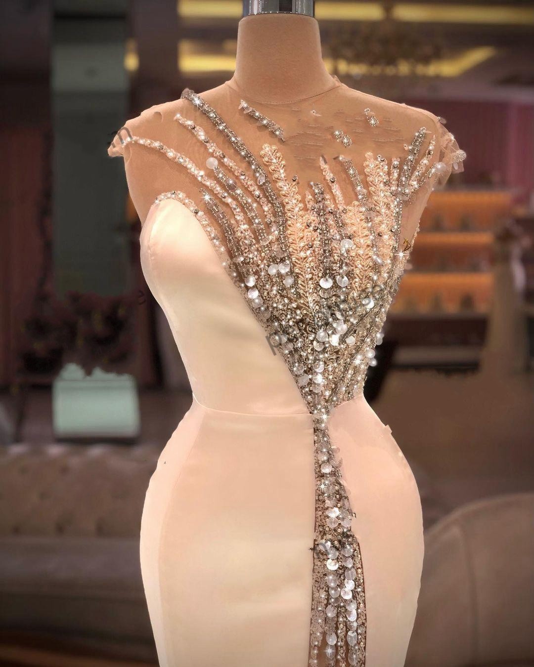 Sexy Mermaid Pink Prom Dresses Cap Sleeves Illusion Crystal Beading Or Length Side Split Evening Party Gowns Special Ocn Wears 6660306