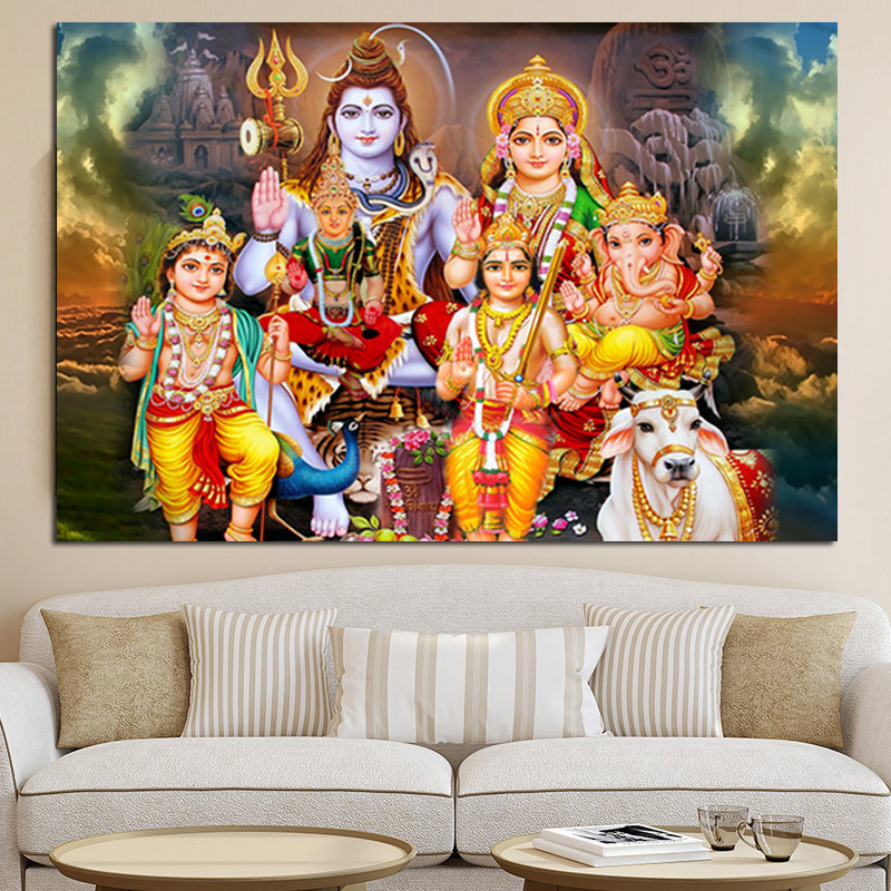 Painting Shiva Parvati Ganesha Indian Art Hindu God Figure Canvas Religious Poster and Print Wall Picture for Living Room Decor