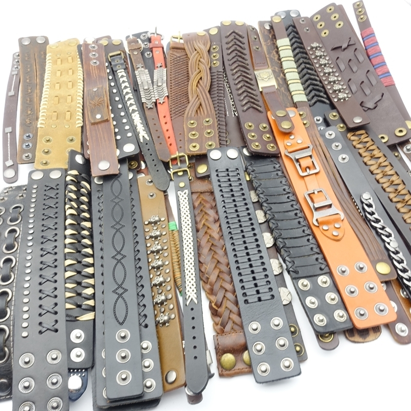 Bangle 30PCs Genuine Leather Men Women Bracelets Handmade Metal Button Punk Jewelry Biker Bangle Wholesale Lot Fashion Accessories Gift 220912