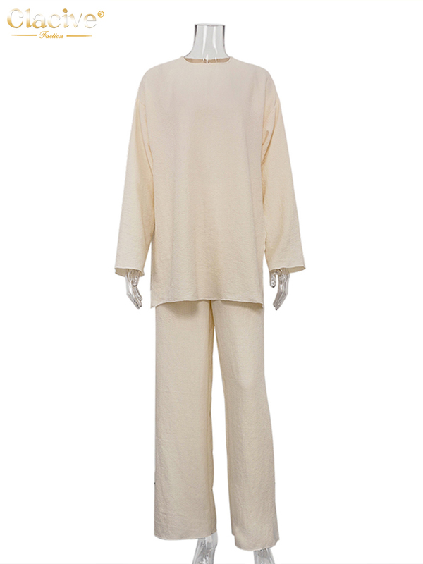 Women's Two Piece Pants Clacive Fashion Loose 2 Piece Pants Set Women Casual Long Sleeve T-Shrit Matching Wide Trousers Suit Vintage High Wasit P