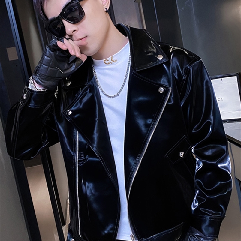 Men's Leather Faux Leather Mauroicardi Spring Autumn Cool Black Shiny Reflective Patent Pu Leather Biker Jacket Men Belt Zipper Plus Size Europea