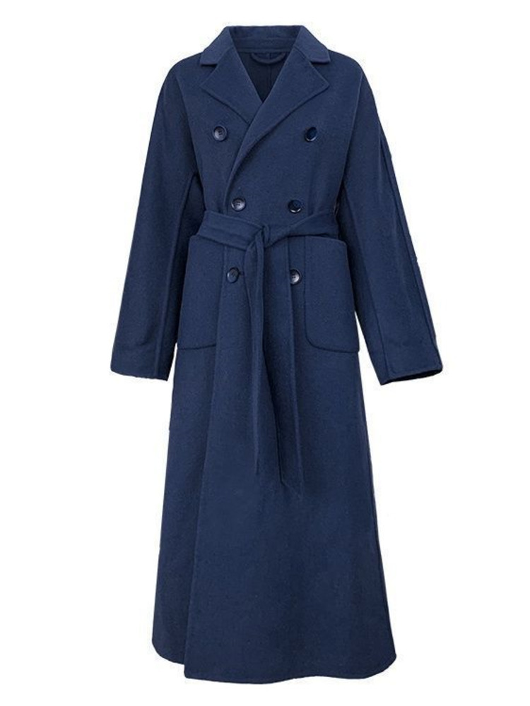 Women's Wool Blends LANMREM Autumn Winter Women Woolen Coat Warm Long Length Double Breasted Navy Blue Coats Female Elegant Outerwear 2C533 22091