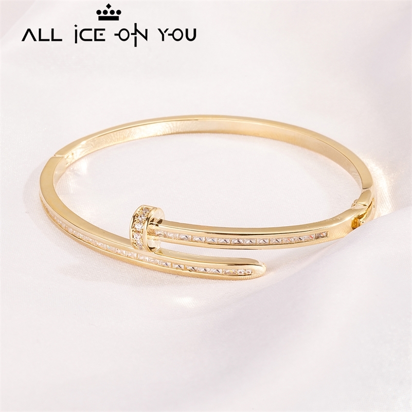 Bangle ALLICEONYOU Bending Nail Bracelet Silver Color Hip Hop Charm Iced Out Micro Pave High Quality Cubic Zirconia Jewelry For Gift 220909