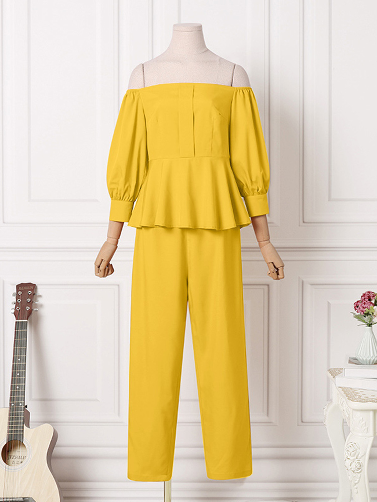 Women's Two Piece Pants VONDA Office Lady Pants Sets Women Ruffled Blouse Off Shoulder Tops And Long Trousers Suit Pants Female Ropa De Mujer 220
