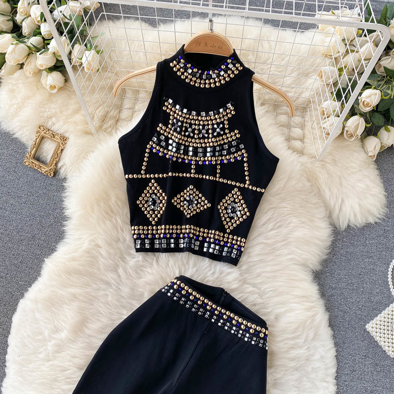 Women's Two Piece Pants Autumn Womens Two Peice Sets Beaded Chic Cropped Tops And High Waist Slim Women's Long Pants Fashion Set Woman 2 Pie