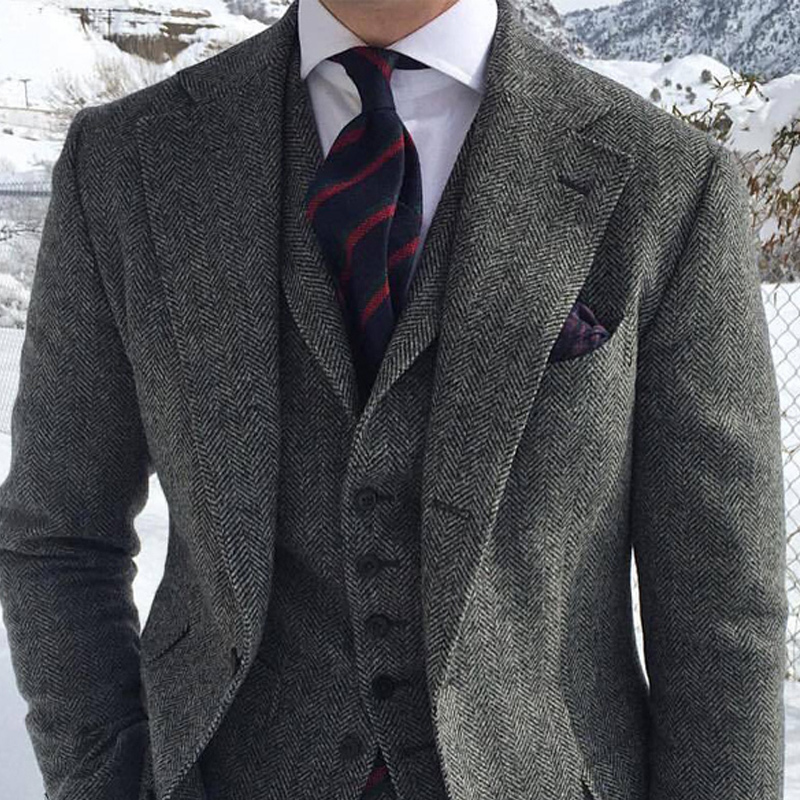 Men's Suits Blazers Gray Wool Tweed Men Suits For Winter Wedding Formal Groom Tuxedo 3 Piece Herringbone Male Fashion Set Jacket Vest with Pants 