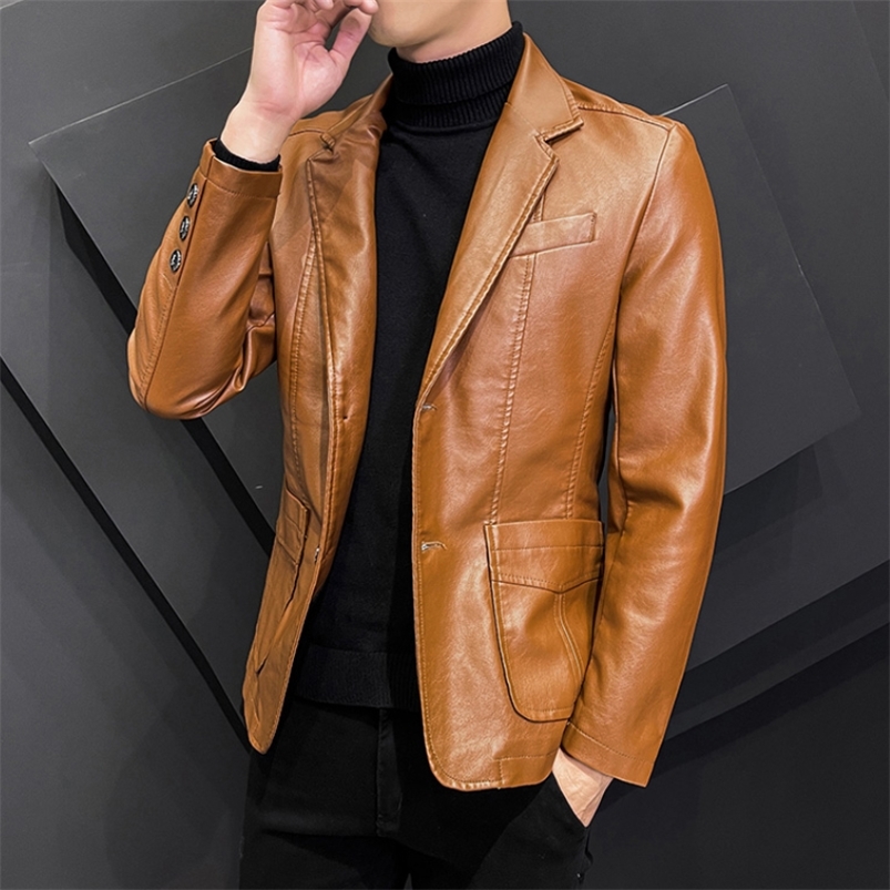 Men's Leather Faux Men Blazer Jackets Turn-down Collar Slim Fit Jacket Fashion Black Party Business Coat Male Outwear 220912