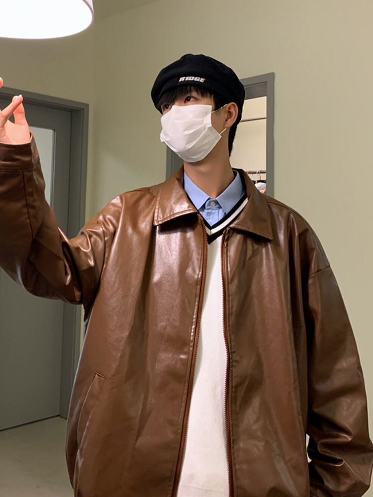 Men's Leather Faux Gmiixder Handsome PU Jacket Trend High Street Autumn and Winter Loose All-match Teen Solid Lapel Coat Men 220912