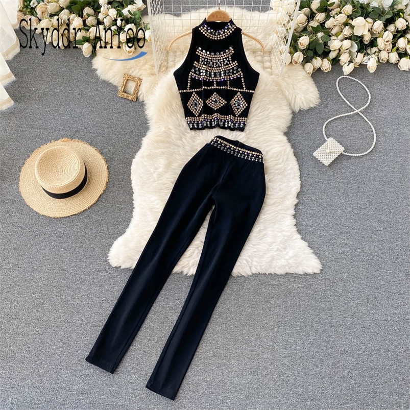 Women's Two Piece Pants Autumn Womens Two Peice Sets Beaded Chic Cropped Tops And High Waist Slim Women's Long Pants Fashion Set Woman 2 Pie