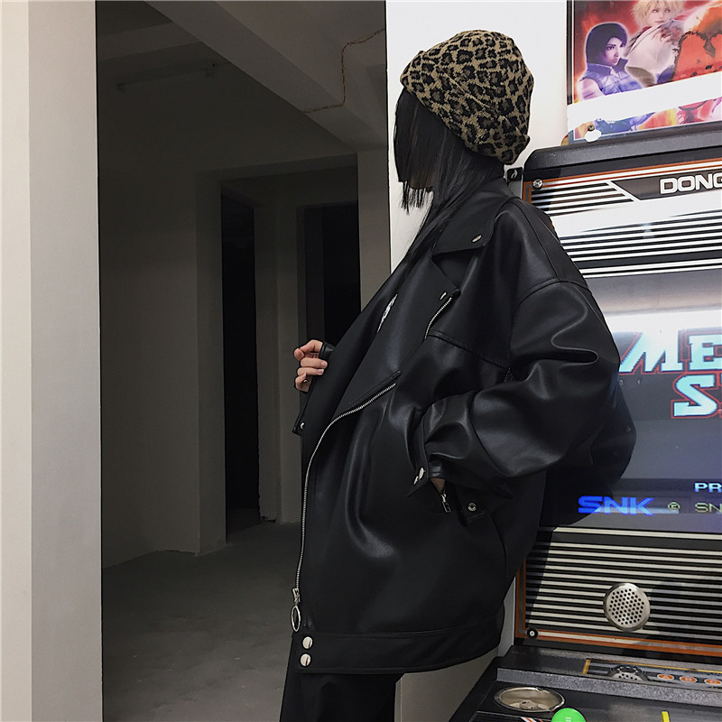 Men's Leather Faux Leather IEFB /men's wear Autumn fashion streetwear Black PU Leather oversize Jacket Loose Zipper Korean hip hop coat 9Y11