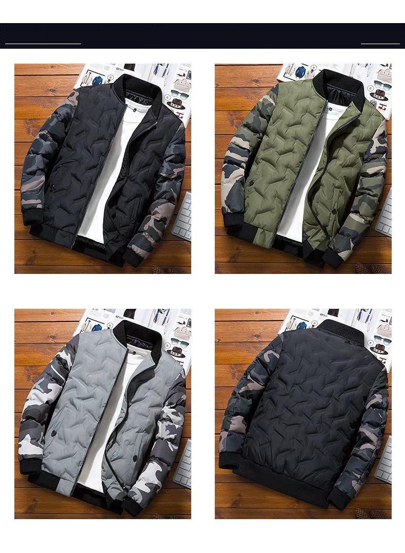 Men's Down Parkas Men Winter Baseball Jacket Camouflage Patchwork Cotton Coats Slim Fit College Warm Jackets Men's Stand Collar Outwear Coat
