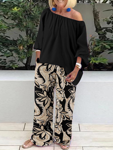 Women's Two Piece Pants Celmia Casual Loose Street Suits Women 2PCS Pant Sets One Shoulder 3/4 Sleeve Tops and Floral Print Wide Leg Trousers Set